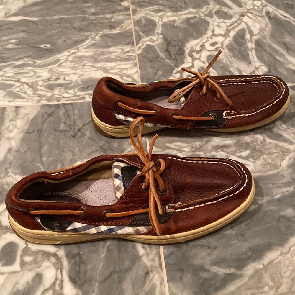 Sperry Topsider Brown Leather Non-Marking Boat Shoe with Plaid Sides
